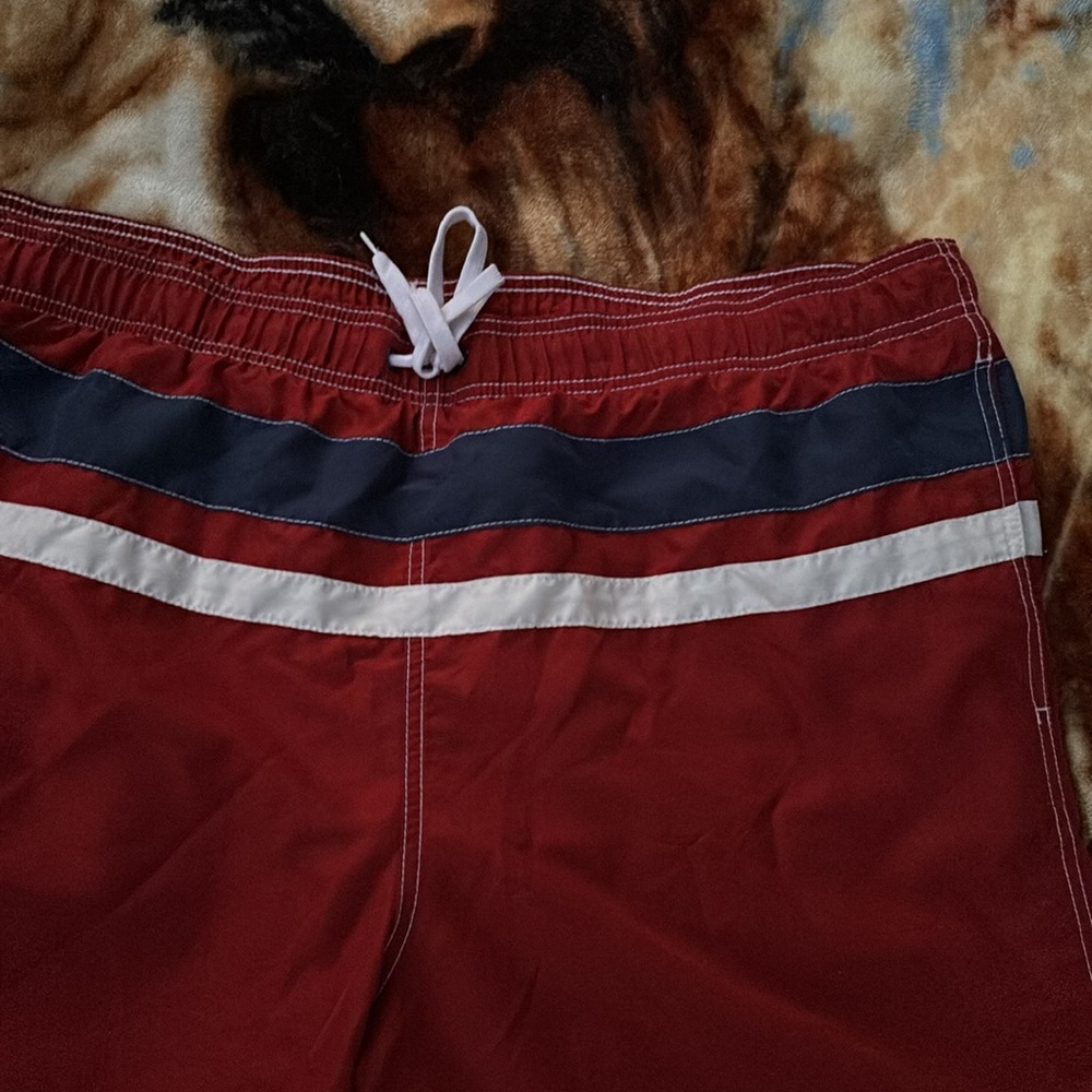 Merona Red Stripes Swim Trunks Swimwear Mesh Lining Elastic Drawstring XXL 44/46